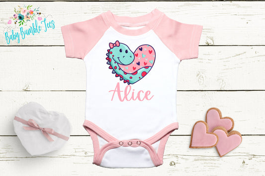 Girls Valentines Day Bodysuit // Personalized Name // Baby Girl Valentines Day // Dinosaur // My First Valentine // Kids Shirt // Hearts