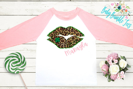 St Patricks Kiss Shirt - Personalized Name - Girls St Patricks Day - Cheetah Clover - St Paddys Day - Toddler Shirt - kids shirt- Lips