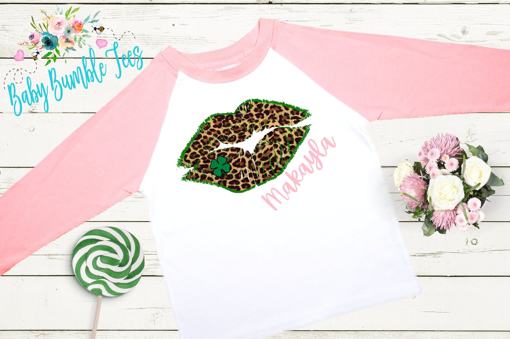 St Patricks Kiss Shirt - Personalized Name - Girls St Patricks Day - Cheetah Clover - St Paddys Day - Toddler Shirt - kids shirt- Lips