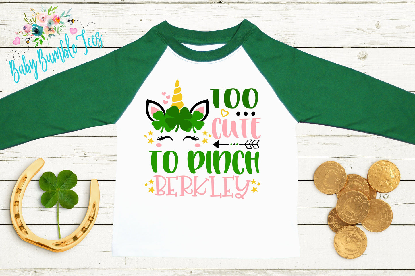 Too Cute To Pinch - St Patricks Day Unicorn Shirt - Personalized Name - Girls St Patricks Day - Girl Shirt - Toddler Shirt - kids shirt