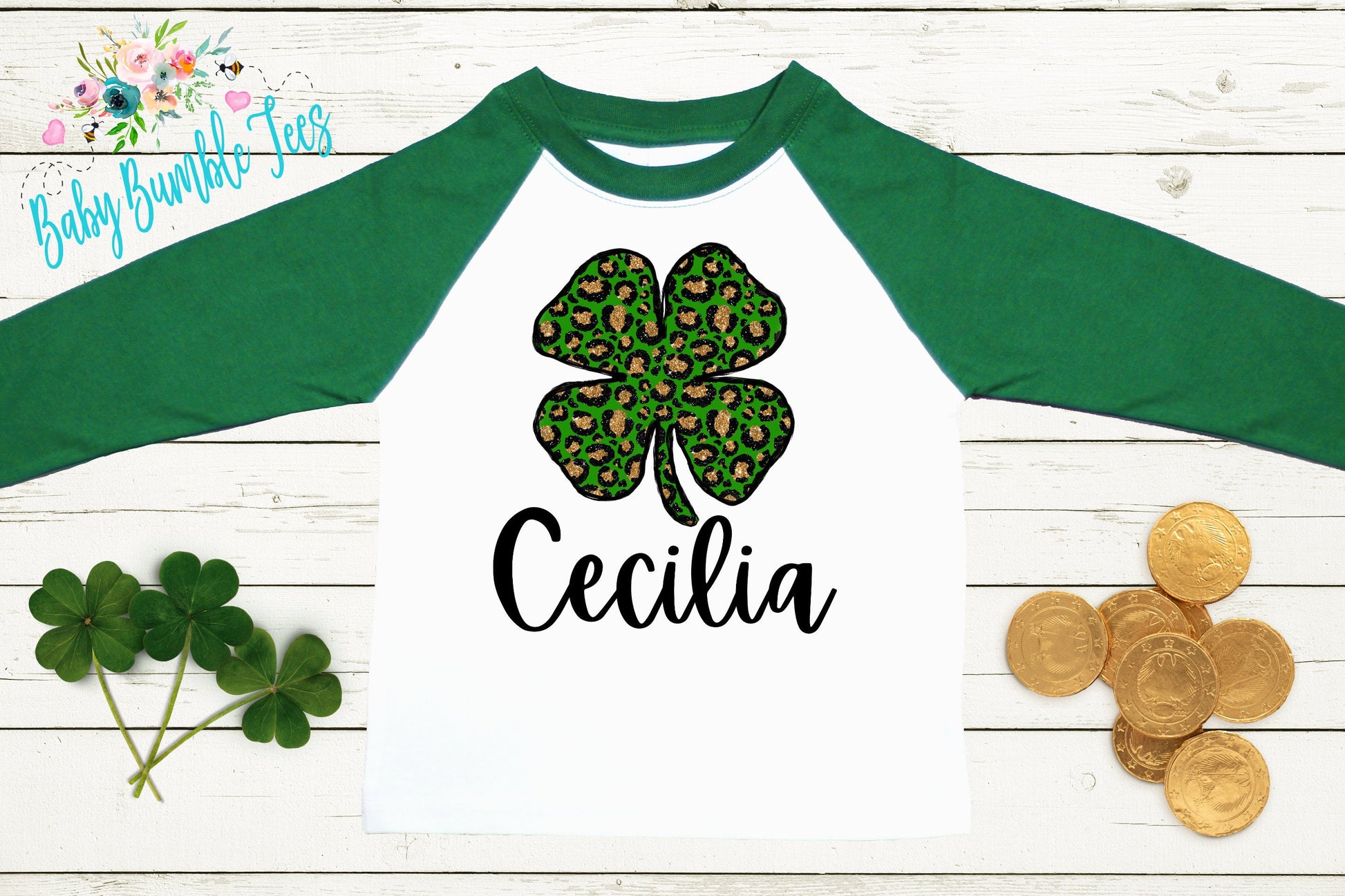 Cheetah Four Leaf Clover Shirt - Personalized Name - St Patricks Day - Girl Shirt - St Paddys Day - Toddler Shirt - kids shirt