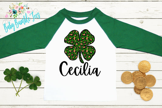 Cheetah Four Leaf Clover Shirt - Personalized Name - St Patricks Day - Girl Shirt - St Paddys Day - Toddler Shirt - kids shirt