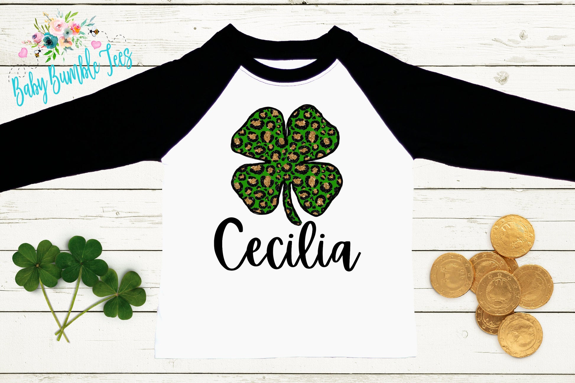Cheetah Four Leaf Clover Shirt - Personalized Name - St Patricks Day - Girl Shirt - St Paddys Day - Toddler Shirt - kids shirt