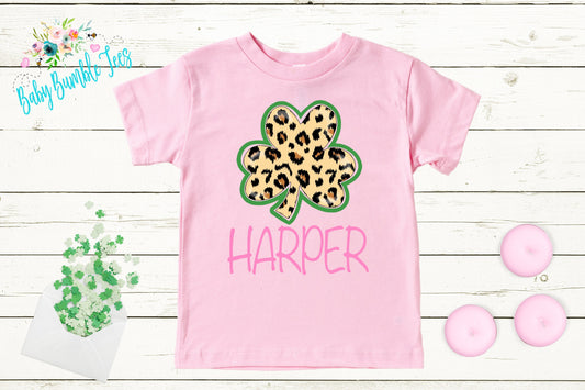 Cheetah Four Leaf Clover Shirt - Personalized Name - St Patricks Day - Girl Shirt - St Paddys Day - Toddler Shirt - kids shirt
