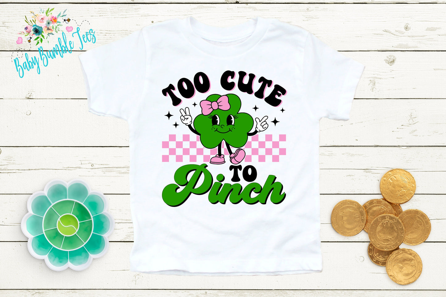 Too Cute To Pinch Shirt - Girls St Patricks Day Shirt - Kids St Patricks Day - Retro Clover - Toddler Shirt - St Paddy's Day Shirt