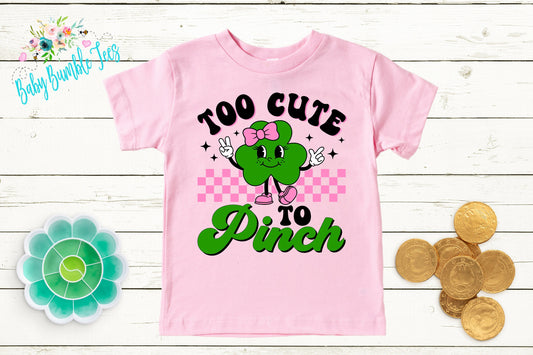 Too Cute To Pinch Shirt - Girls St Patricks Day Shirt - Kids St Patricks Day - Retro Clover - Toddler Shirt - St Paddy's Day Shirt