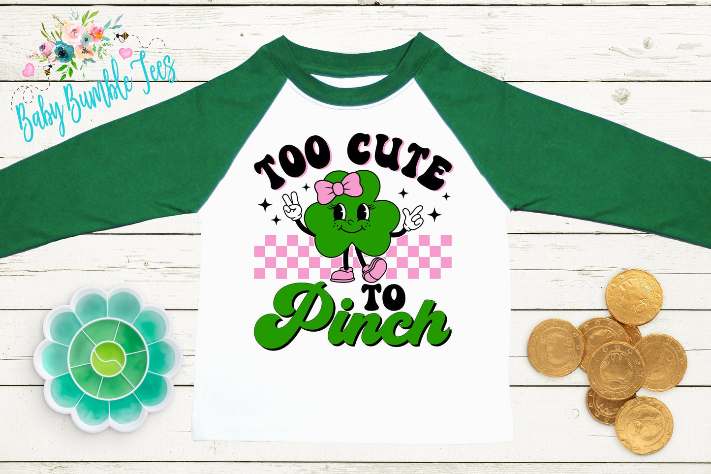 Too Cute To Pinch Shirt - Girls St Patricks Day Shirt - Kids St Patricks Day - Retro Clover - Toddler Shirt - St Paddy's Day Shirt