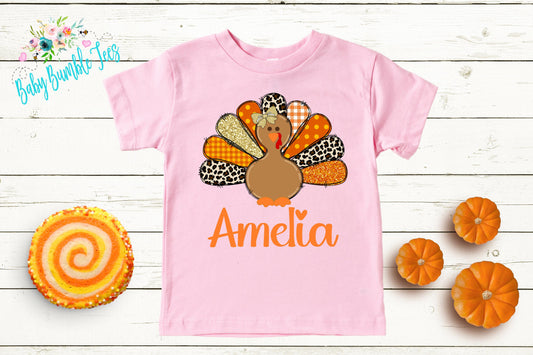 Girls Thanksgiving Shirt, Kids Turkey Name T-shirt, Personalized Tee, Pumpkin Patch Outfit, Toddler Custom Name Shirt, Retro Kids Fall Shirt