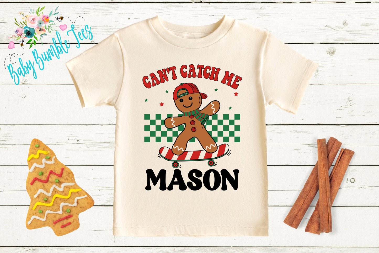 Can't Catch Me Kids Gingerbread Man Shirt, Boys Retro Christmas T-Shirt, Custom Personalized Name, Toddler Holiday Tee, Christmas Gift