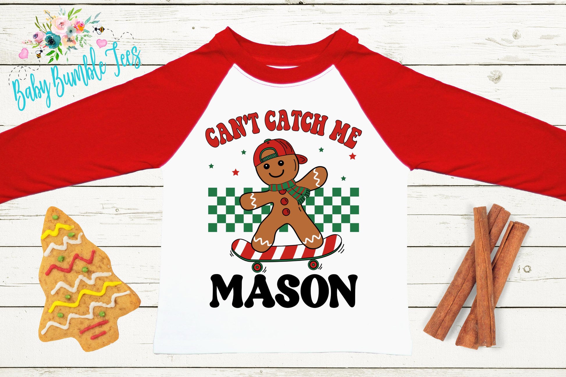 Can't Catch Me Kids Gingerbread Man Shirt, Boys Retro Christmas T-Shirt, Custom Personalized Name, Toddler Holiday Tee, Christmas Gift