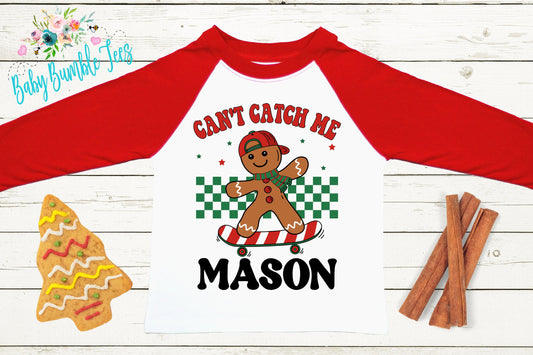Can't Catch Me Kids Gingerbread Man Shirt, Boys Retro Christmas T-Shirt, Custom Personalized Name, Toddler Holiday Tee, Christmas Gift