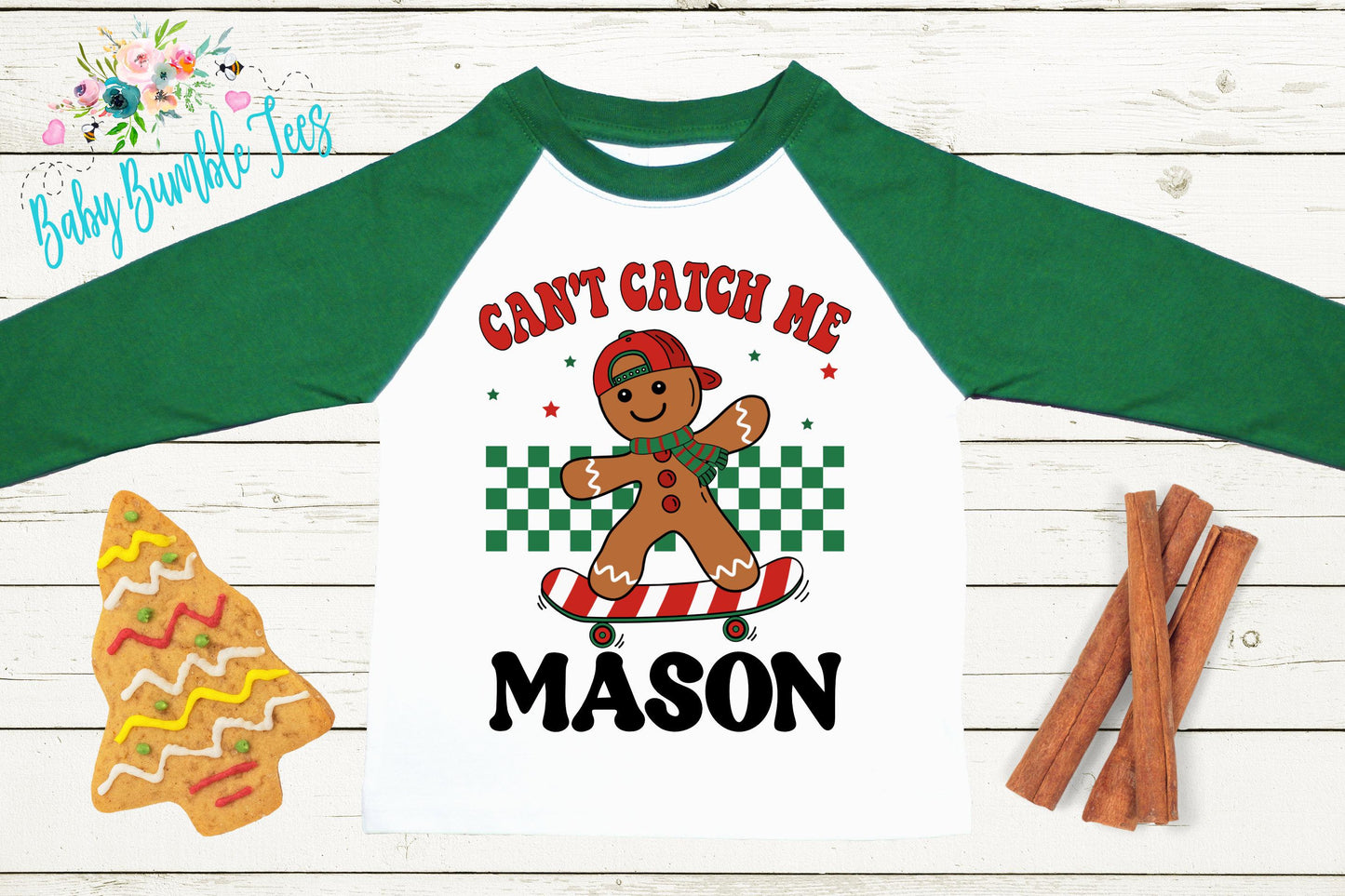 Can't Catch Me Kids Gingerbread Man Shirt, Boys Retro Christmas T-Shirt, Custom Personalized Name, Toddler Holiday Tee, Christmas Gift