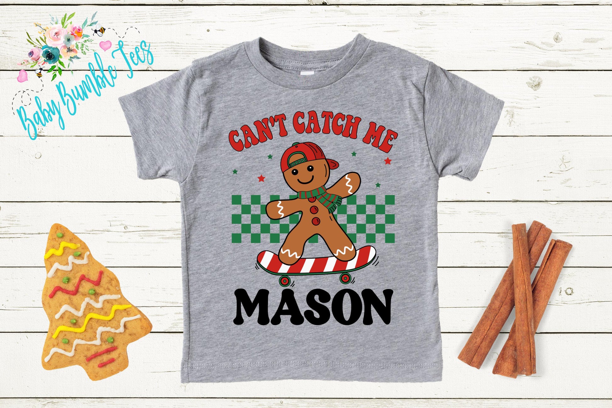 Can't Catch Me Kids Gingerbread Man Shirt, Boys Retro Christmas T-Shirt, Custom Personalized Name, Toddler Holiday Tee, Christmas Gift