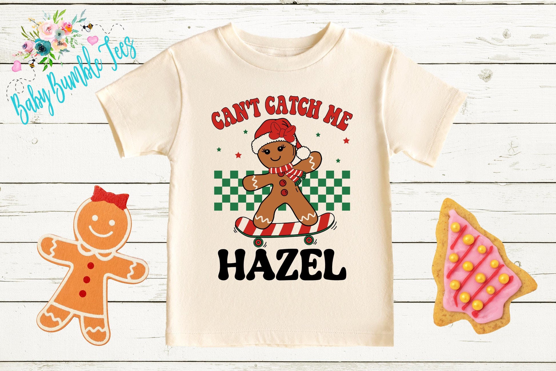 Can't Catch Me Kids Gingerbread Shirt, Girls Retro Christmas T-Shirt, Custom Personalized Name, Toddler Holiday Tee, Christmas Gift, Baking