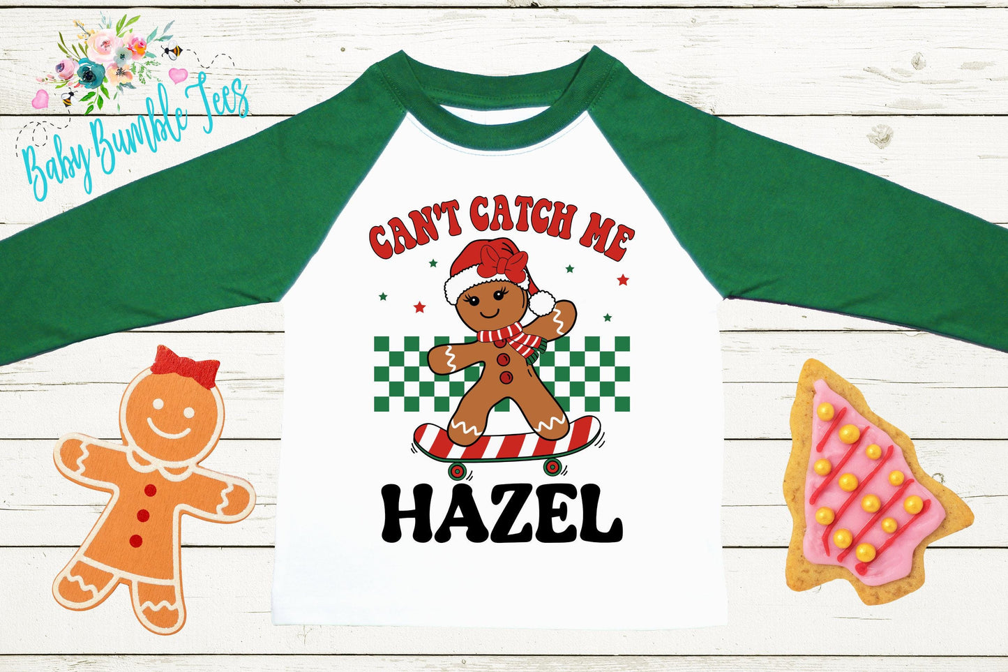 Can't Catch Me Kids Gingerbread Shirt, Girls Retro Christmas T-Shirt, Custom Personalized Name, Toddler Holiday Tee, Christmas Gift, Baking