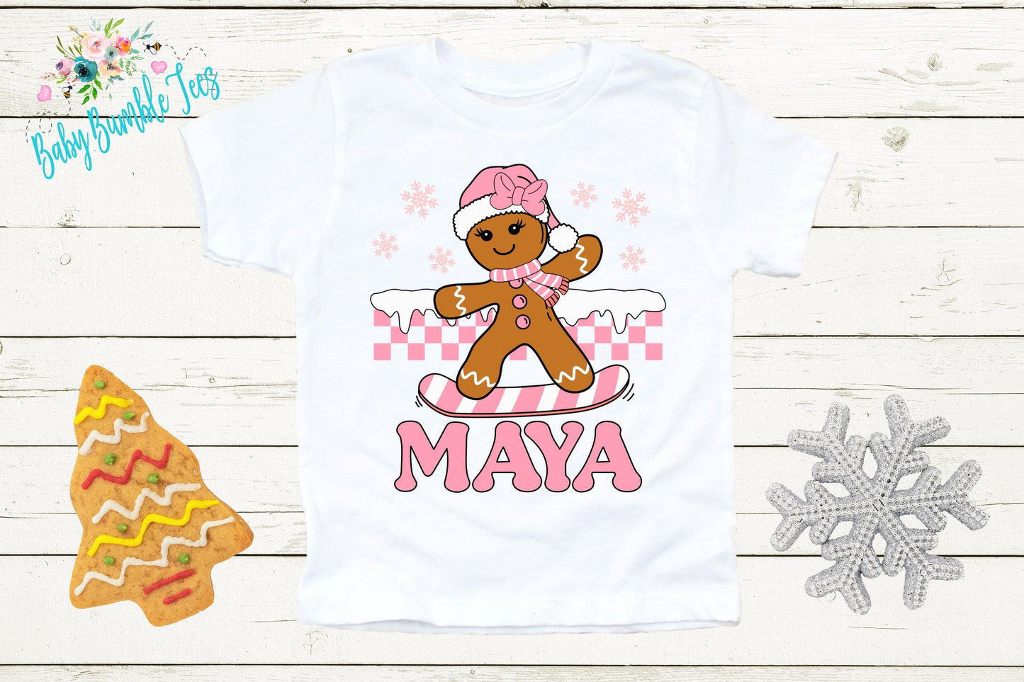 Kids Gingerbread Shirt, Girls Retro Christmas T-Shirt, Custom Personalized Name, Toddler Holiday Tee, Christmas Gift, Baking Shirt