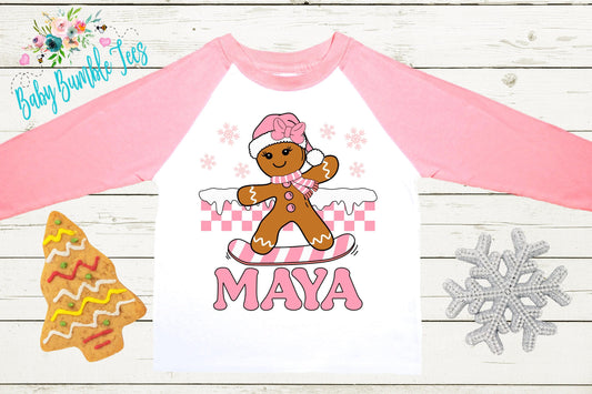 Kids Gingerbread Shirt, Girls Retro Christmas T-Shirt, Custom Personalized Name, Toddler Holiday Tee, Christmas Gift, Baking Shirt