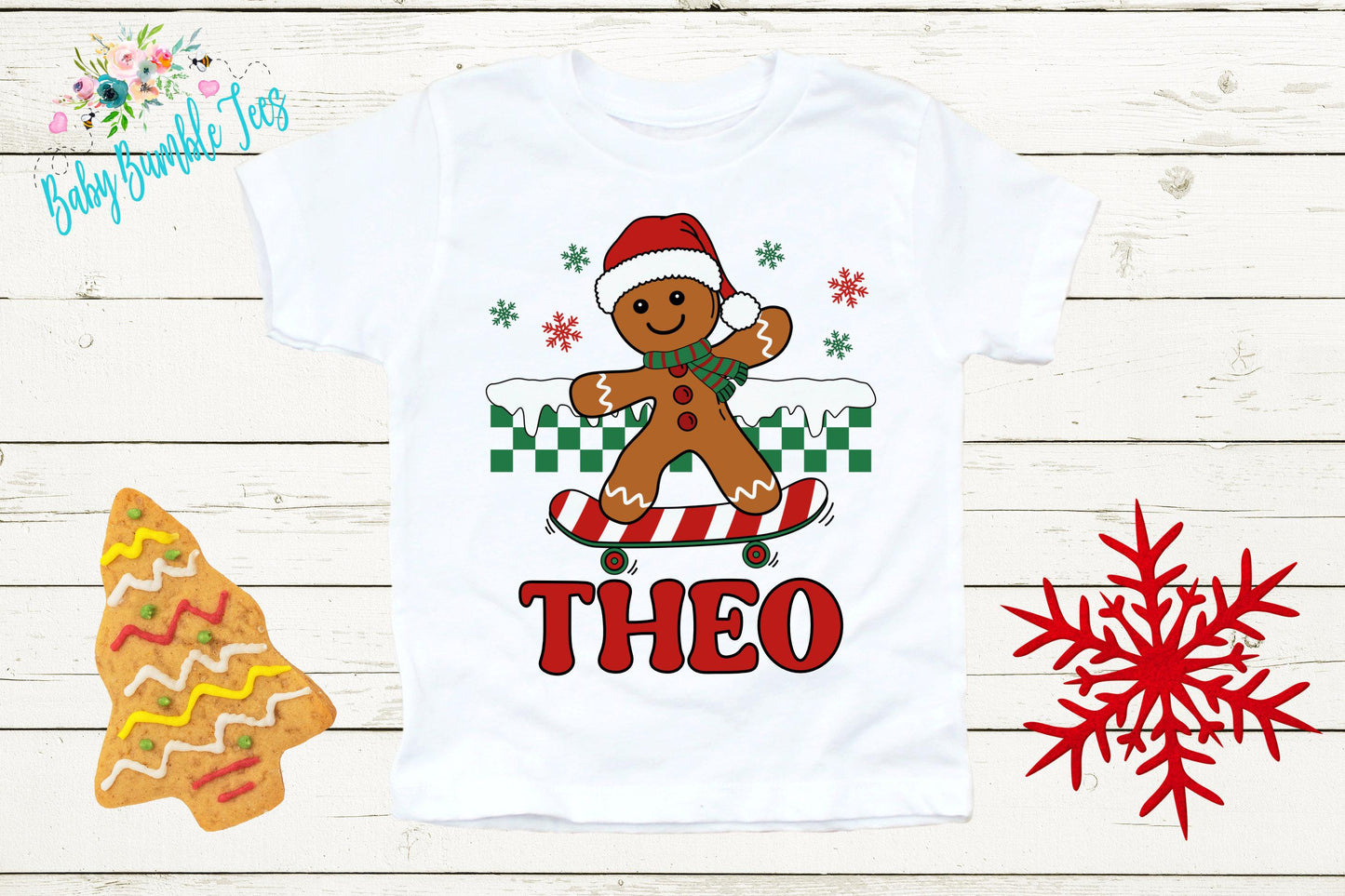 Kids Gingerbread Man Shirt, Boys Retro Christmas T-Shirt, Custom Personalized Name, Toddler Holiday Tee, Christmas Gift, Kids Baking shirt