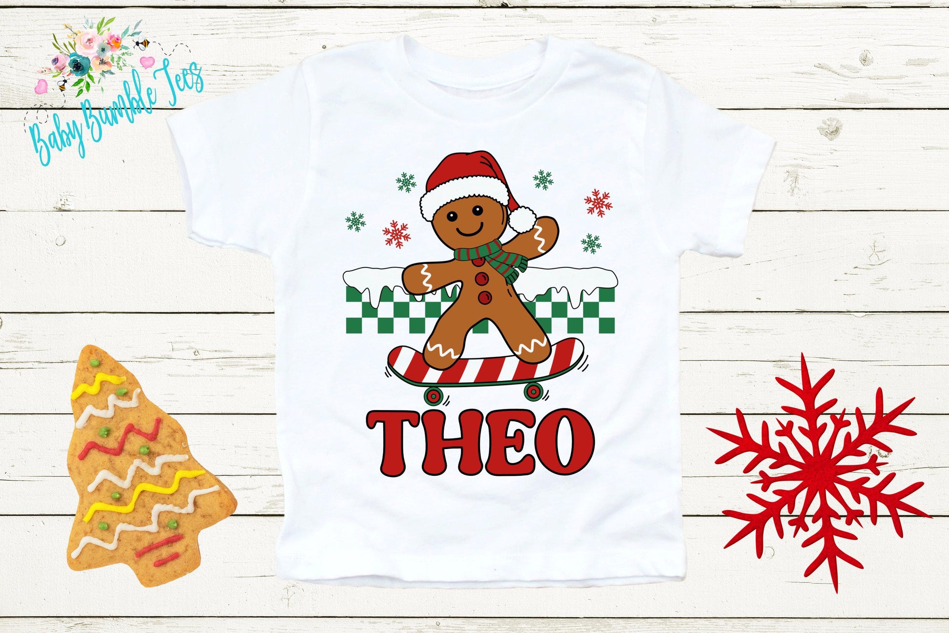 Kids Gingerbread Man Shirt, Boys Retro Christmas T-Shirt, Custom Personalized Name, Toddler Holiday Tee, Christmas Gift, Kids Baking shirt