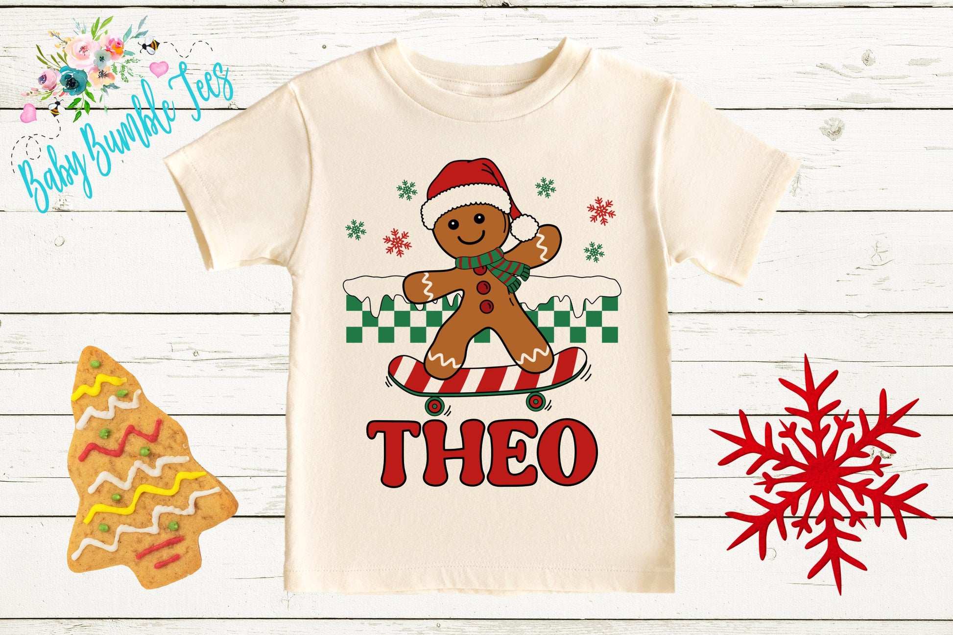 Kids Gingerbread Man Shirt, Boys Retro Christmas T-Shirt, Custom Personalized Name, Toddler Holiday Tee, Christmas Gift, Kids Baking shirt