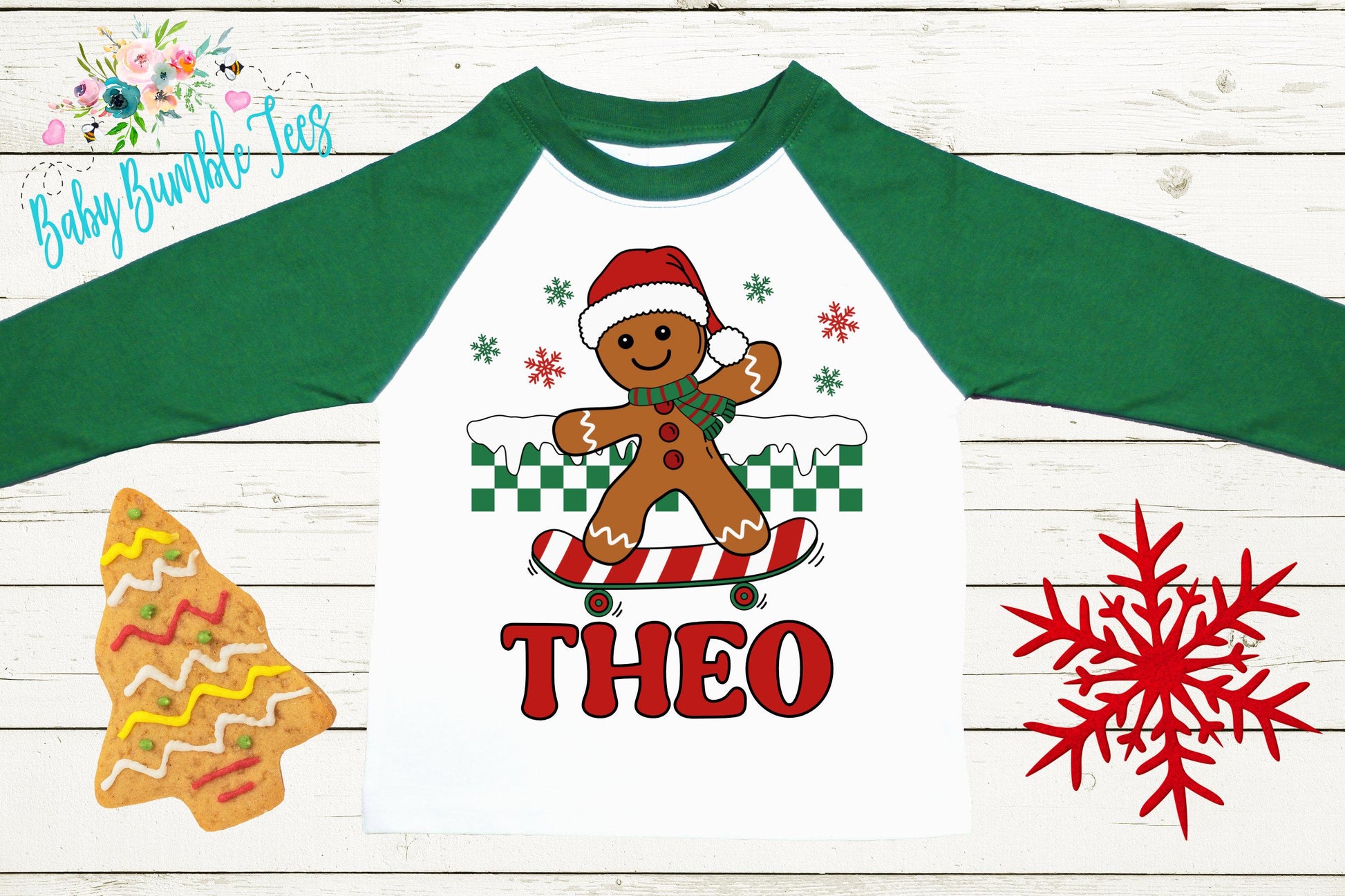 Kids Gingerbread Man Shirt, Boys Retro Christmas T-Shirt, Custom Personalized Name, Toddler Holiday Tee, Christmas Gift, Kids Baking shirt