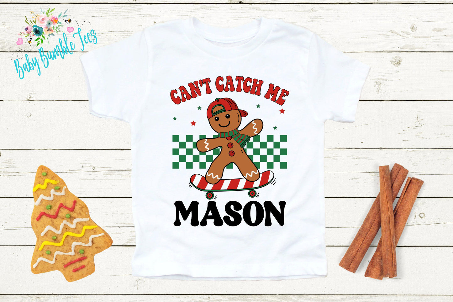 Can't Catch Me Kids Gingerbread Man Shirt, Boys Retro Christmas T-Shirt, Custom Personalized Name, Toddler Holiday Tee, Christmas Gift