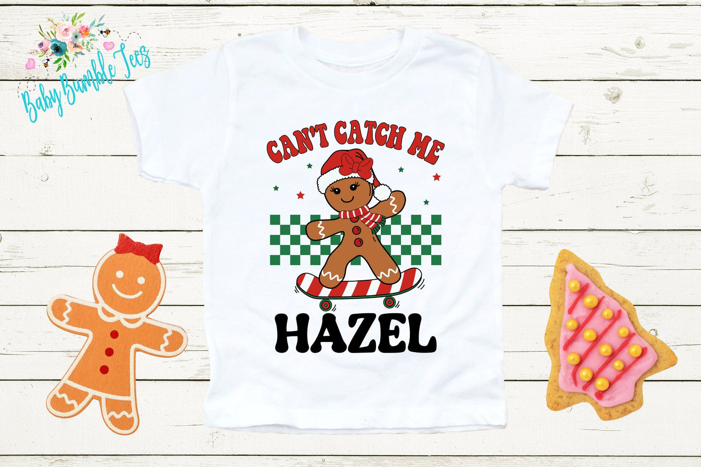 Can't Catch Me Kids Gingerbread Shirt, Girls Retro Christmas T-Shirt, Custom Personalized Name, Toddler Holiday Tee, Christmas Gift, Baking