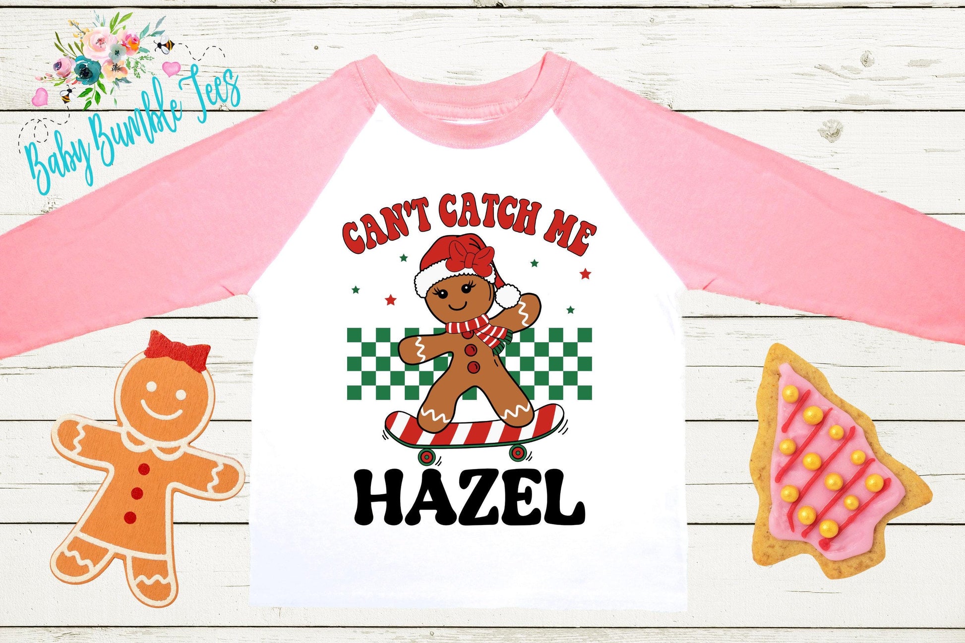 Can't Catch Me Kids Gingerbread Shirt, Girls Retro Christmas T-Shirt, Custom Personalized Name, Toddler Holiday Tee, Christmas Gift, Baking