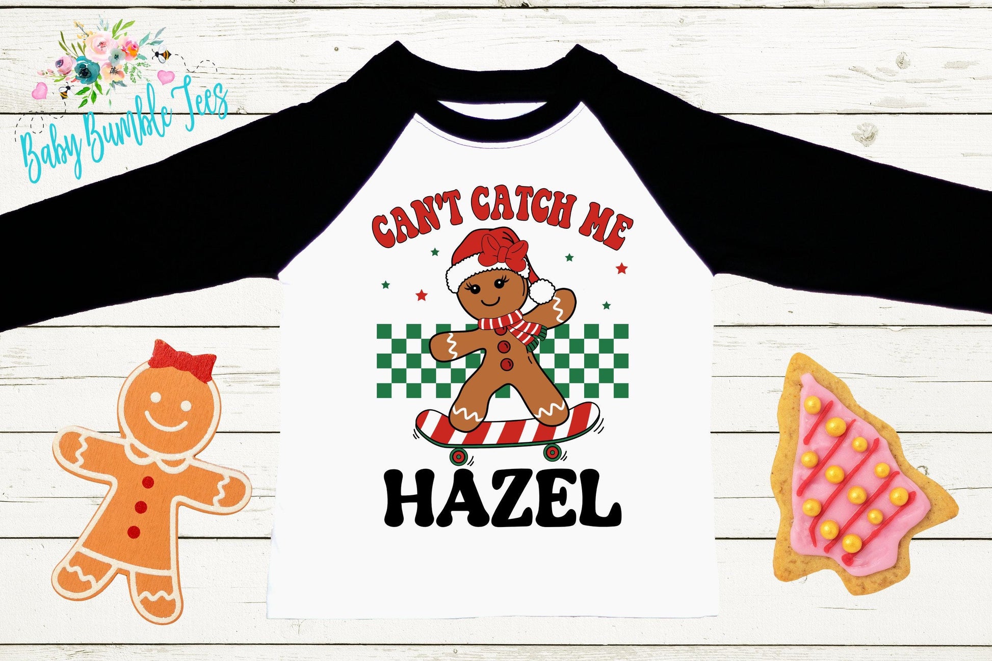 Can't Catch Me Kids Gingerbread Shirt, Girls Retro Christmas T-Shirt, Custom Personalized Name, Toddler Holiday Tee, Christmas Gift, Baking