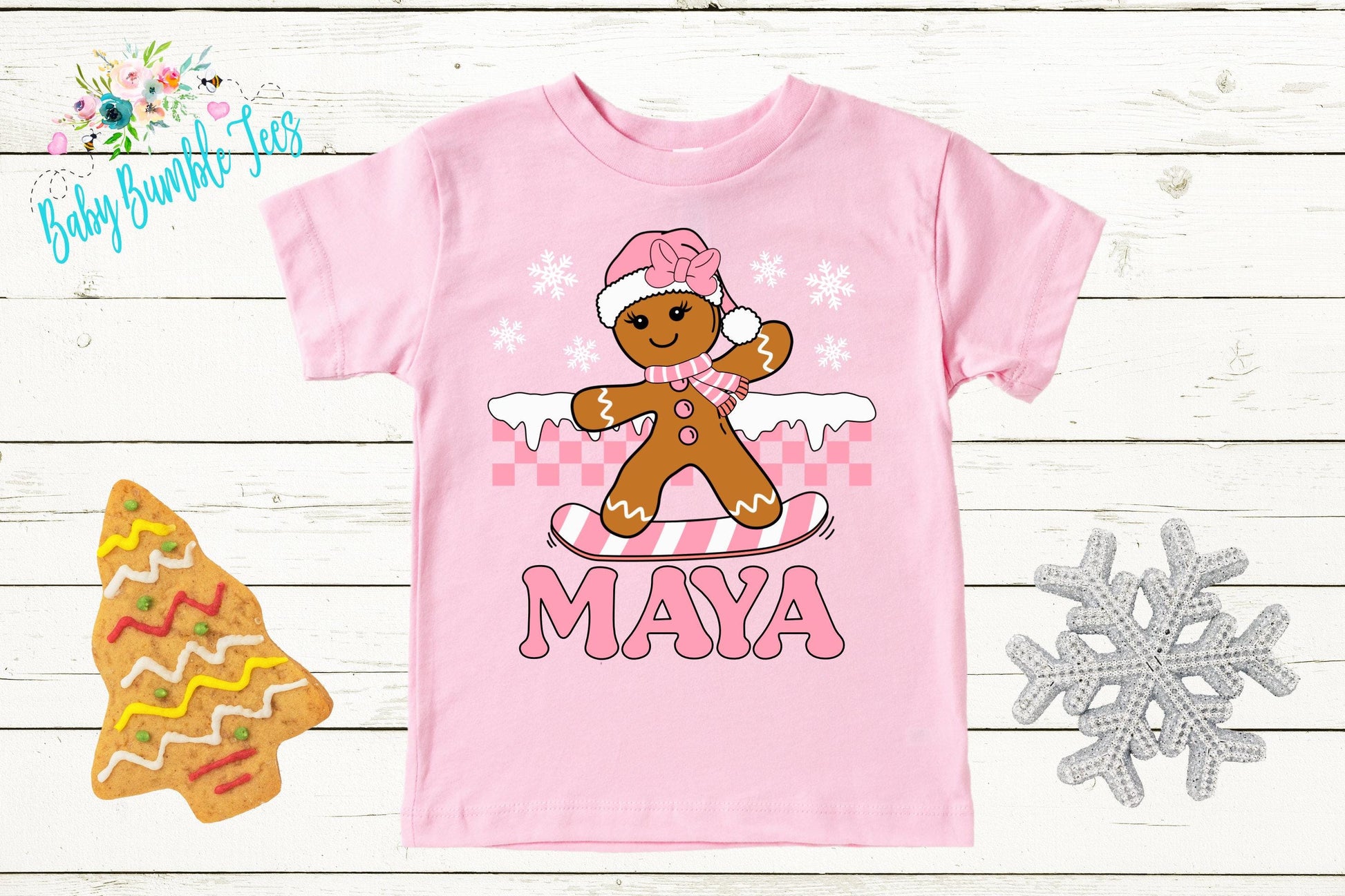 Kids Gingerbread Shirt, Girls Retro Christmas T-Shirt, Custom Personalized Name, Toddler Holiday Tee, Christmas Gift, Baking Shirt