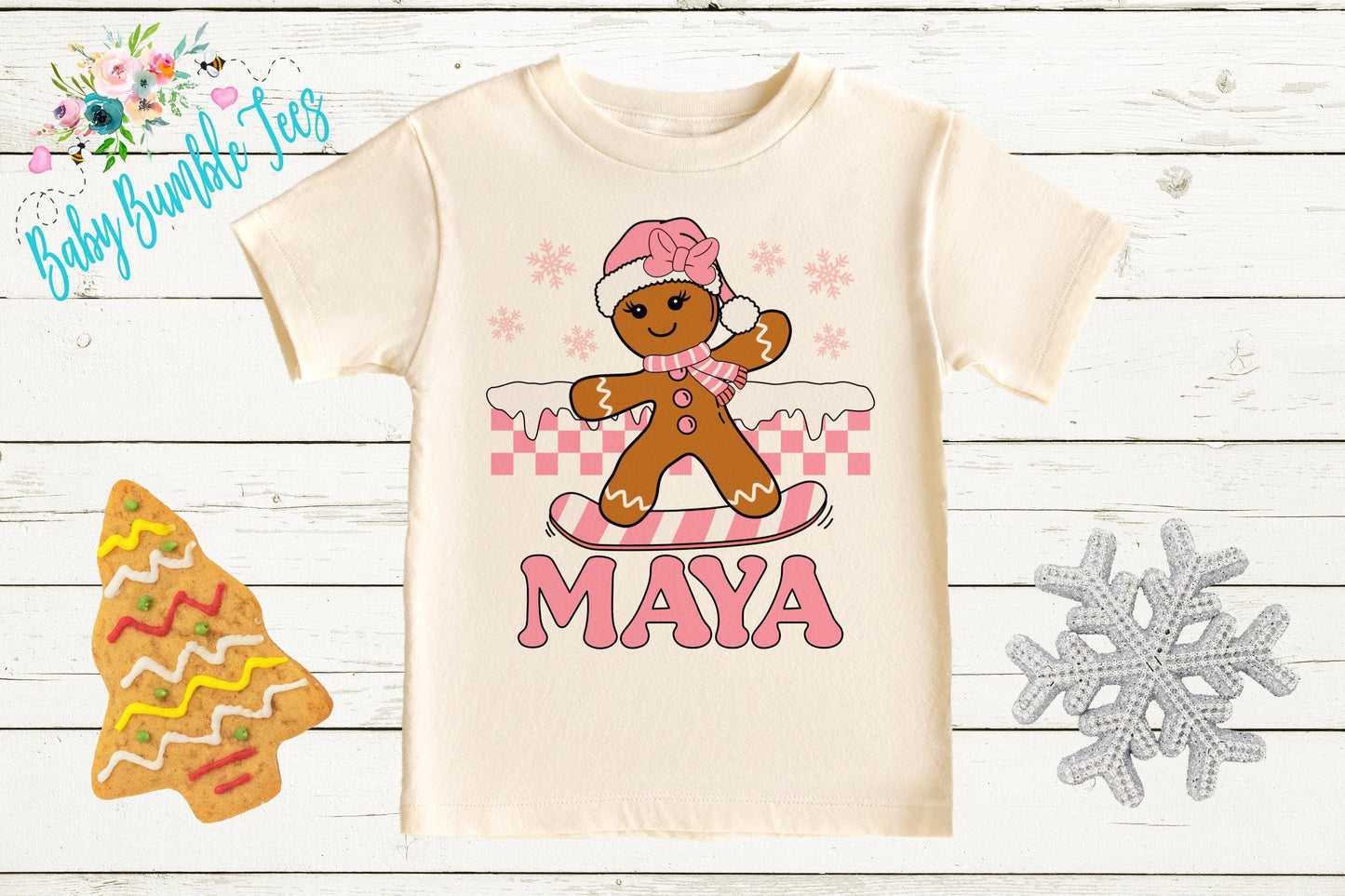 Kids Gingerbread Shirt, Girls Retro Christmas T-Shirt, Custom Personalized Name, Toddler Holiday Tee, Christmas Gift, Baking Shirt