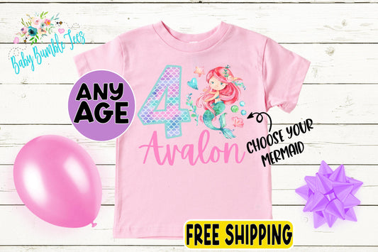 Girls Mermaid Birthday Shirt, Kids Birthday Shirt, Custom Name Birthday Tee, Girl Birthday shirt, Girl Birthday Party T-Shirt, Personalized