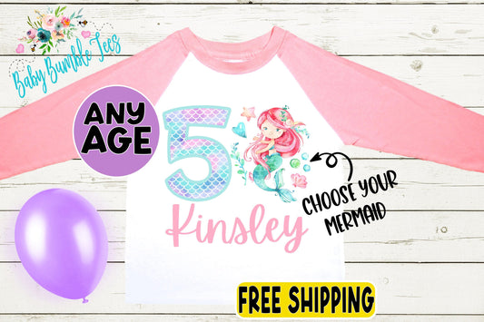 Girls Mermaid Birthday Shirt, Kids Birthday Shirt, Custom Name Birthday Tee, Girl Birthday shirt, Girl Birthday Party T-Shirt, Personalized