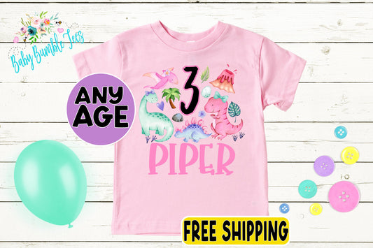 Girls Dinosaur Birthday Shirt, Kids Birthday Shirt, Custom Name Birthday Tee, Girl Birthday shirt, Girl Birthday Party T-Shirt, Personalized