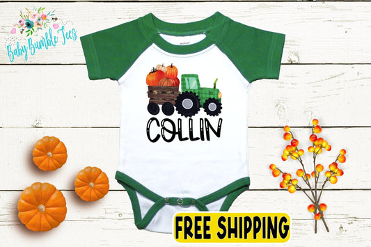 Boys Fall Tractor Bodysuit - Kids Farm Pumpkin Patch Bodysuit - Personalized Custom Name - Baby Boy Halloween Shirt - Toddler Halloween