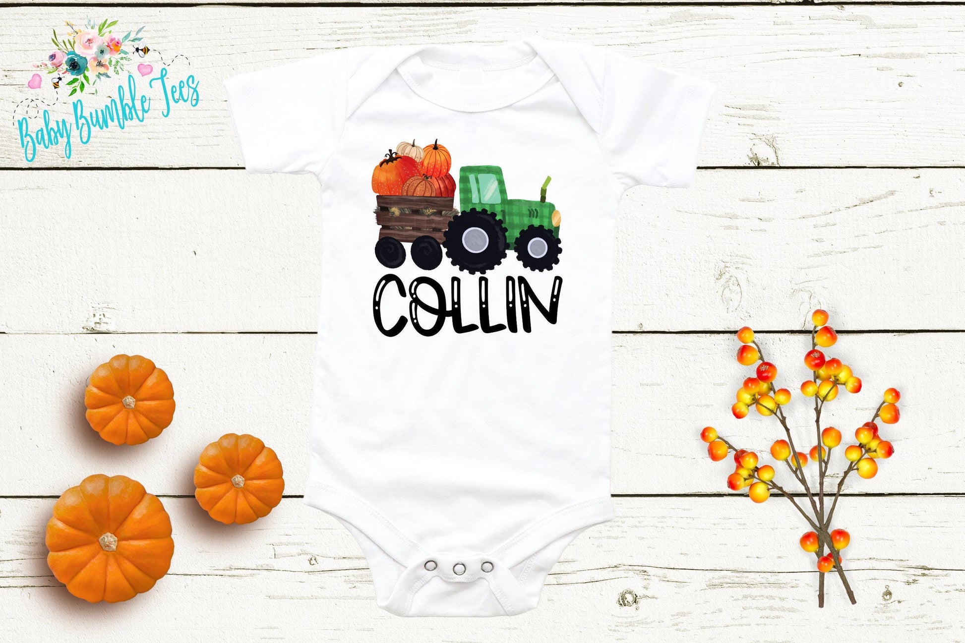 Boys Fall Tractor Bodysuit - Kids Farm Pumpkin Patch Bodysuit - Personalized Custom Name - Baby Boy Halloween Shirt - Toddler Halloween