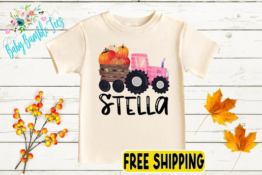 Girls Fall Tractor Shirt - Kids Farm Pumpkin Patch Shirt - Personalized Custom Name Tee - Girl Halloween Shirt - Halloween Toddler Shirt