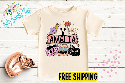 Girls Ghost Shirt, Personalized Name Shirt, Kids Halloween Shirt, Pumpkin patch shirt, Groovy Kids Fall Shirt, Retro Girls Halloween Shirt