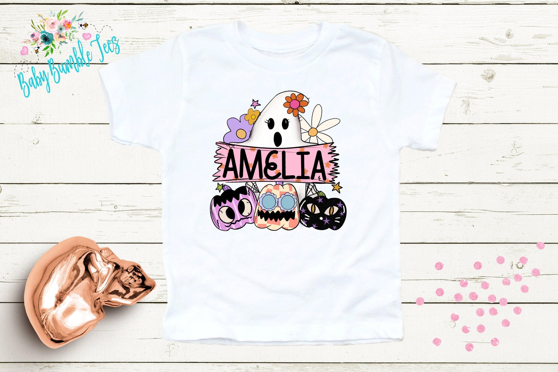 Girls Ghost Shirt, Personalized Name Shirt, Kids Halloween Shirt, Pumpkin patch shirt, Groovy Kids Fall Shirt, Retro Girls Halloween Shirt